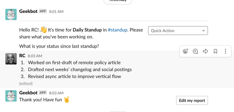 Slack Geekbot for daily standup Slack Geekbot for daily standup